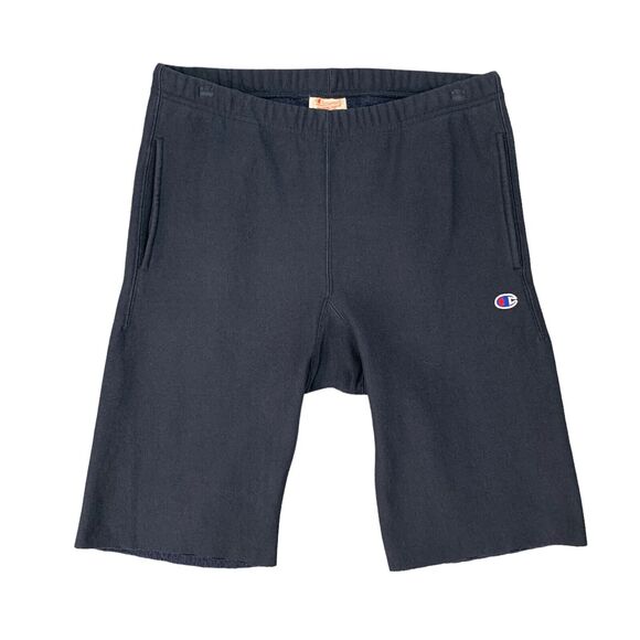 Champion Sweat Short Mens M Navy Reverse Weave Elastic Drawstring Waist Raw Edge - Picture 3 of 13